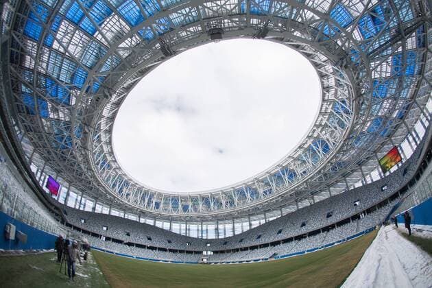 NIZHNY NOVGOROD, RUSSIA - MARCH 24, 2018: Nizhny Novgorod Stadium, a venue of the 2018 FIFA World Cup WM Weltmeisterschaft Fussball in Russia. Mikhail Solunin TASS  TS0792A4