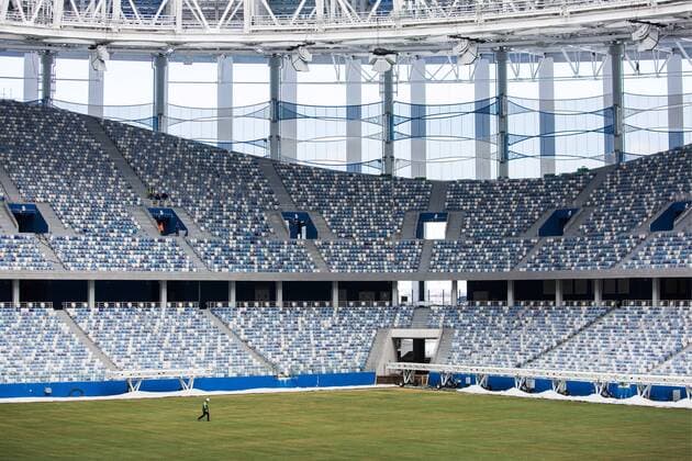 NIZHNY NOVGOROD, RUSSIA - MARCH 24, 2018: Nizhny Novgorod Stadium, a venue of the 2018 FIFA World Cup WM Weltmeisterschaft Fussball in Russia. Mikhail Solunin TASS  TS0792AF