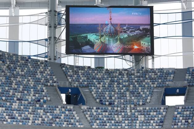 NIZHNY NOVGOROD, RUSSIA - MARCH 24, 2018: The stands of Nizhny Novgorod Stadium, a venue of the 2018 FIFA World Cup WM Weltmeisterschaft Fussball in Russia. Mikhail Solunin TASS  TS0792B0