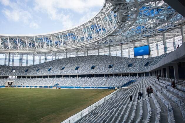 NIZHNY NOVGOROD, RUSSIA - MARCH 24, 2018: The stands of Nizhny Novgorod Stadium, a venue of the 2018 FIFA World Cup WM Weltmeisterschaft Fussball in Russia. Mikhail Solunin TASS  TS0792B1