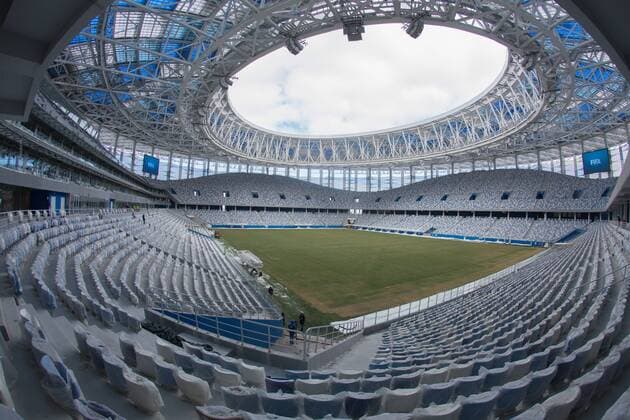 NIZHNY NOVGOROD, RUSSIA - MARCH 24, 2018: Nizhny Novgorod Stadium, a venue of the 2018 FIFA World Cup WM Weltmeisterschaft Fussball in Russia. Mikhail Solunin TASS  TS0792B4
