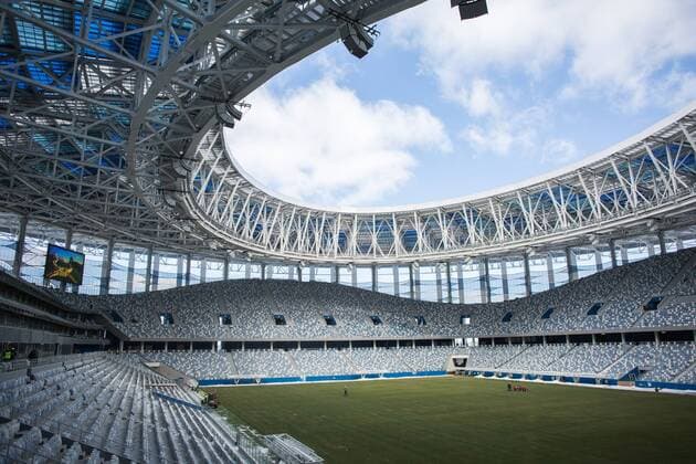 NIZHNY NOVGOROD, RUSSIA - MARCH 24, 2018: Nizhny Novgorod Stadium, a venue of the 2018 FIFA World Cup WM Weltmeisterschaft Fussball in Russia. Mikhail Solunin TASS  TS0792B6