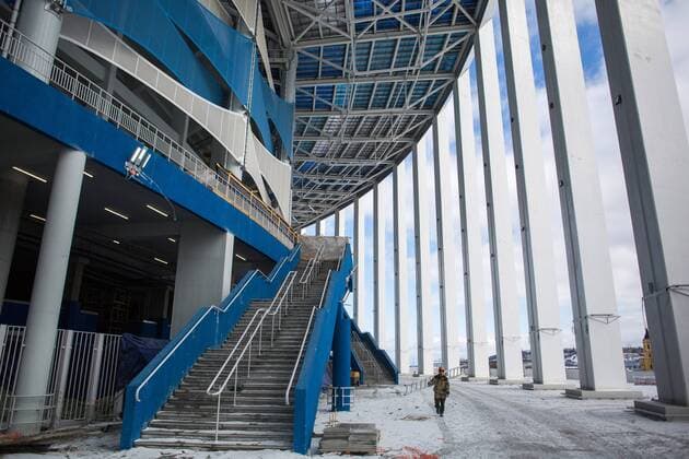 NIZHNY NOVGOROD, RUSSIA - MARCH 24, 2018: Nizhny Novgorod Stadium, a venue of the 2018 FIFA World Cup WM Weltmeisterschaft Fussball in Russia. Mikhail Solunin TASS  TS0792B7
