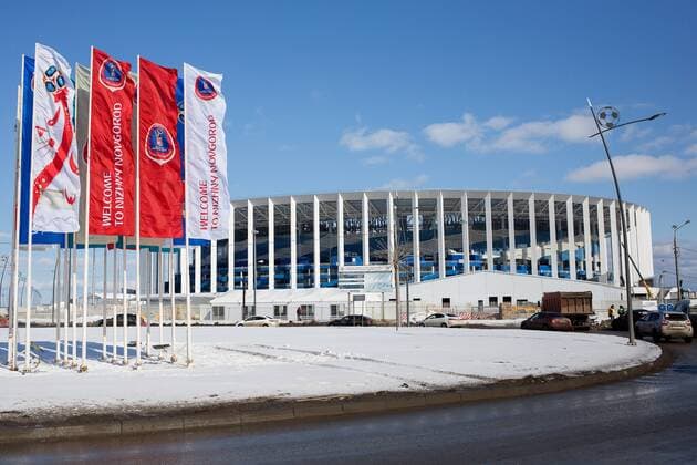 NIZHNY NOVGOROD, RUSSIA - MARCH 24, 2018: A view of Nizhny Novgorod Stadium, a venue of the 2018 FIFA World Cup WM Weltmeisterschaft Fussball in Russia. Mikhail Solunin TASS  TS0792B8