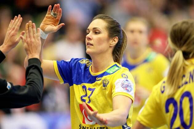 180324 Swedens Sabina Jacobsen celebrates the handball match in the European Championships between Sweden and Serbia on March 24, 2018 in Skövde  Copyright: SebastianxLamotte BB180324SL011