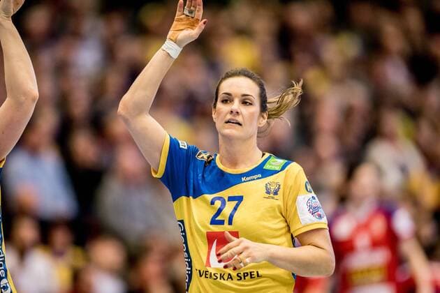 180324 Swedens Sabina Jacobsen celebrates the handball match in the European Championships between Sweden and Serbia on March 24, 2018 in Skövde  Copyright: SebastianxLamotte BB180324SL024