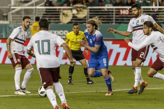 SANTA CLARA, CA - MARCH 23: Iceland Midfielder Birkir Bjarnason (8) attacks the ball during the first half of the international match Länderspiel between Mexico and Iceland on Friday, March 23, 2018 at Levi s Stadium in Santa Clara, CA. Final Score: Mexico-3, Iceland-0. (Photo by Allan Hamilton Icon Sportswire) SOCCER: MAR 23 Mexico v Iceland Icon18032314 EDITORIAL USE ONLY