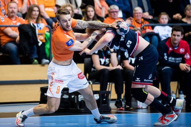 180324 Kristianstad Tore Stig Moen Nilsen and Flensburgs Jim Gottfridsson during the Champions League match between Kristianstad and Flensburg on March 24, 2018 in Kristianstad  Copyright: AvdoxBilkanovic BB180324AB014