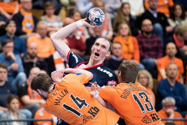 180324 Flensburg Holger Glandorfoch Kristianstad Viktor Hallen and Olafur Gudmundsson during the Champions League match between Kristianstad and Flensburg on March 24, 2018 in Kristianstad  Copyright: AvdoxBilkanovic BB180324AB026