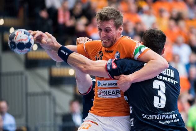 180324 Kristianstad Olafur Gudmundsson and Flensburg Tobias Karlsson during the Champions League match between Kristianstad and Flensburg on March 24, 2018 in Kristianstad  Copyright: AvdoxBilkanovic BB180324AB043