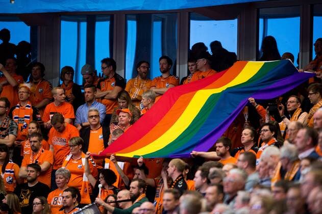 180324 Kristianstads audience with flag during the Champions League match between Kristianstad and Flensburg on March 24, 2018 in Kristianstad  Copyright: AvdoxBilkanovic BB180324AB066