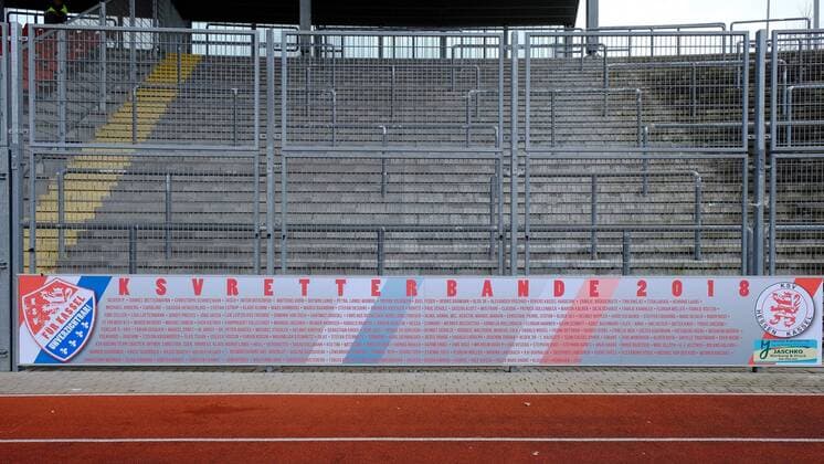 24 03 2018 xkhx Kassel Auerstadion Regionalliga Süd Season 2017 2018 KSV Hessen Kassel against SV Röchling Völklingen 06 Hessen Kassel fans become band sponsors the savior gang
