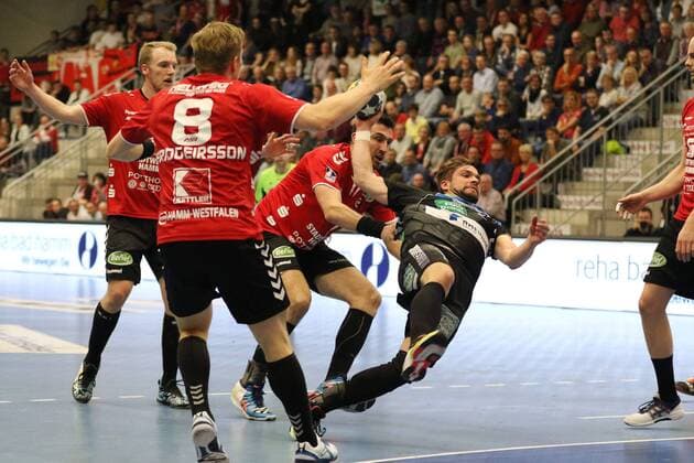 ASV Hamm Westphalia 8 front and Stanko Sabljic ASV Hamm Westphalia 7 right ASV Hamm Westphalia vs HC Rhein Vikings Handball 2 Bundesliga 24 03 2018 Hamm Copyright: xEIBNER JanxStrohdiekx EP_JSK