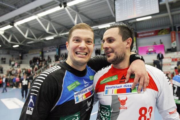 Victory cheers at v l Teo Coric HC Rhein Vikings 18 and Vladimir Bozic HC Rhein Vikings 83 ASV Hamm Westphalia vs HC Rhein Vikings Handball 2 Bundesliga 24 03 2018 Hamm Copyright: xEIBNER JanxStrohdiekx EP_JSK