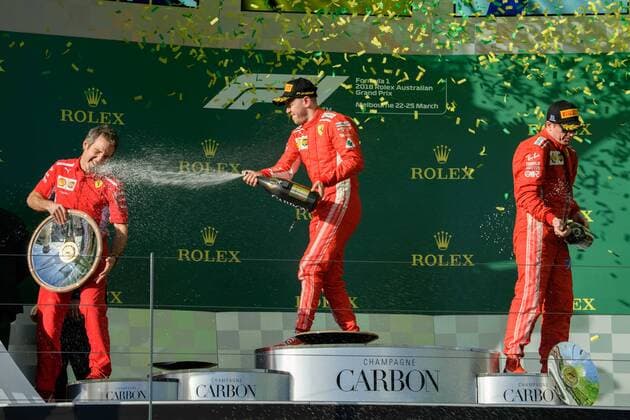 March 25, 2018: Sebastian Vettel (DEU) 5 from the Scuderia Ferrari team celebrates after winning the 2018 Australian Formula One Grand Prix at Albert Park, Melbourne, Australia. Lewis Hamilton (GBR) 44 from the Mercedes AMG Petronas Motorsport team came second and Sebastian Vettel (DEU) 5 from the Scuderia Ferrari team came third. Cal Media Formula One 2018: Australia - Race - ZUMAc04_ 20180325_zaf_c04_053 Copyright: xSydneyxLowx