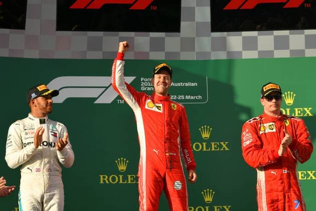 March 25, 2018: Sebastian Vettel (DEU) 5 from the Scuderia Ferrari team celebrates after winning the 2018 Australian Formula One Grand Prix at Albert Park, Melbourne, Australia. Lewis Hamilton (GBR) 44 from the Mercedes AMG Petronas Motorsport team came second and Sebastian Vettel (DEU) 5 from the Scuderia Ferrari team came third. Cal Media Formula One 2018: Australia - Race - ZUMAc04_ 20180325_zaf_c04_059 Copyright: xSydneyxLowx