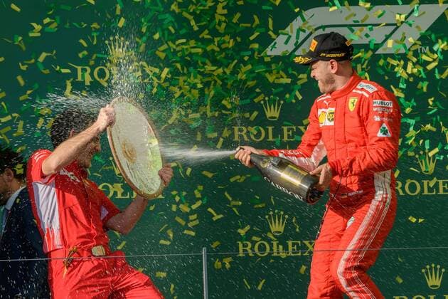 March 25, 2018: Sebastian Vettel (DEU) 5 from the Scuderia Ferrari team celebrates after winning the 2018 Australian Formula One Grand Prix at Albert Park, Melbourne, Australia. Lewis Hamilton (GBR) 44 from the Mercedes AMG Petronas Motorsport team came second and Sebastian Vettel (DEU) 5 from the Scuderia Ferrari team came third. Cal Media Formula One 2018: Australia - Race - ZUMAc04_ 20180325_zaf_c04_062 Copyright: xSydneyxLowx