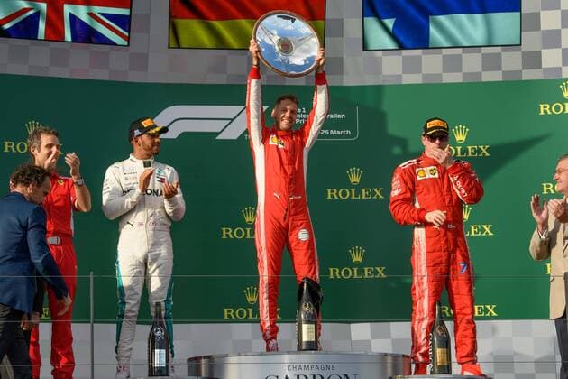 March 25, 2018: Sebastian Vettel (DEU) 5 from the Scuderia Ferrari team celebrates after winning the 2018 Australian Formula One Grand Prix at Albert Park, Melbourne, Australia. Lewis Hamilton (GBR) 44 from the Mercedes AMG Petronas Motorsport team came second and Sebastian Vettel (DEU) 5 from the Scuderia Ferrari team came third. Cal Media Formula One 2018: Australia - Race - ZUMAc04_ 20180325_zaf_c04_066 Copyright: xSydneyxLowx