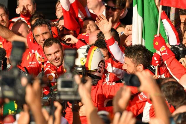 March 25, 2018: Sebastian Vettel (DEU) 5 from the Scuderia Ferrari team celebrates after winning the 2018 Australian Formula One Grand Prix at Albert Park, Melbourne, Australia. Lewis Hamilton (GBR) 44 from the Mercedes AMG Petronas Motorsport team came second and Sebastian Vettel (DEU) 5 from the Scuderia Ferrari team came third. Cal Media Formula One 2018: Australia - Race - ZUMAc04_ 20180325_zaf_c04_070 Copyright: xSydneyxLowx