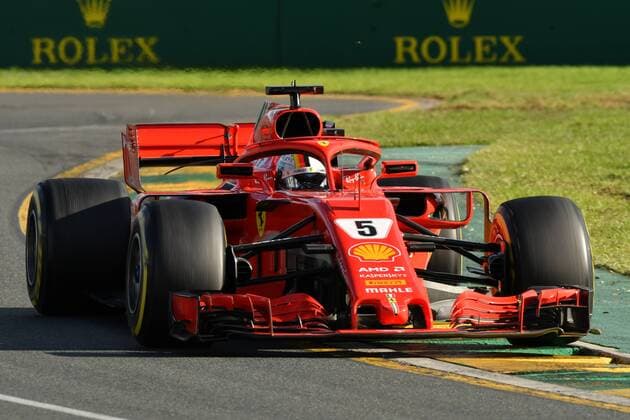 March 25, 2018: Sebastian Vettel (DEU) 5 from the Scuderia Ferrari team rounds turn two of the 2018 Australian Formula One Grand Prix at Albert Park, Melbourne, Australia. Cal Media Formula One 2018: Australia - Race - ZUMAc04_ 20180325_zaf_c04_074 Copyright: xSydneyxLowx