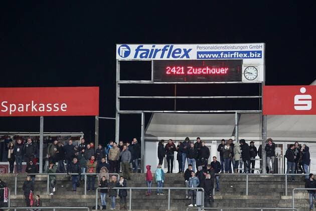 The scoreboard shows the total number of votes 2421 Soccer Oberliga Westfalen 24 Matchday Sportfreunde Siegen 1 FC Kaan Marienborn on 24 03 2018 in Siegen Germany