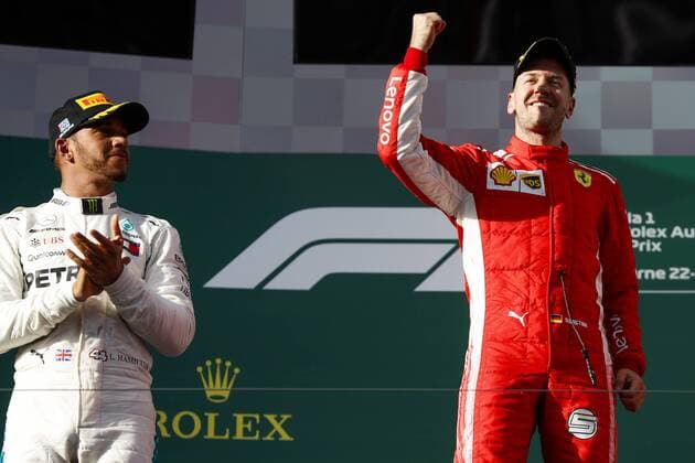Podium. HAMILTON Lewis (gbr), Mercedes AMG F1 Petronas GP W09 Hybrid EQ Power+, VETTEL Sebastian (ger), Scuderia Ferrari SF71H, portrait during 2018 Formula 1 championship at Melbourne, Australian Grand Prix, from March 22 To 25 - Photo : FIA Formula One World Championship WM Weltmeisterschaft 2018, Melbourne, Victoria : Motorsports: Formula 1 2018 Rolex Australian Grand Prix, Melbourne Australia