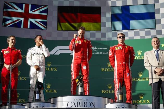 Podium. HAMILTON Lewis (gbr), Mercedes AMG F1 Petronas GP W09 Hybrid EQ Power+, VETTEL Sebastian (ger), Scuderia Ferrari SF71H, RAIKKONEN Kimi (fin), Scuderia Ferrari SF71H, portrait during 2018 Formula 1 championship at Melbourne, Australian Grand Prix, from March 22 To 25 - Photo : FIA Formula One World Championship WM Weltmeisterschaft 2018, Melbourne, Victoria : Motorsports: Formula 1 2018 Rolex Australian Grand Prix, Melbourne Australia