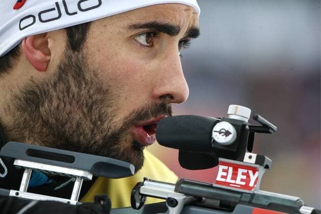 TYUMEN, RUSSIA - MARCH 25, 2018: Biathlete Martin Fourcade of France competes in the men s 15km mass start event at the 2017 18 IBU Biathlon World Cup meeting in Tyumen, Russia. Mikhail Tereshchenko TASS  TS079421