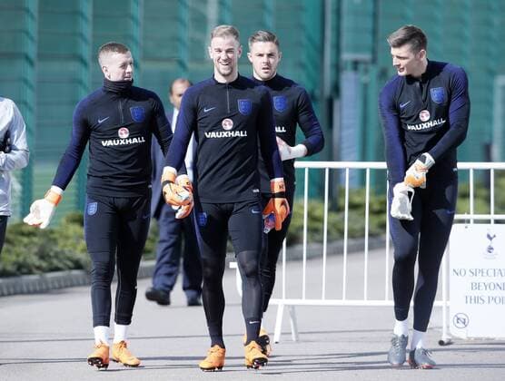 England s Jordan Pickford, Joe Hart, Jack Butland and Nick Pope during training at the Tottenham Hotspur Training Centre, London. Picture date: March 26th 2018. Picture credit should read: David Klein Sportimage EDITORIAL USE ONLY. No use with unauthorised audio, video, data, fixture lists, club league logos or live services. Online in-match use limited to 120 images, no video emulation. No use in betting, games or single club league player publications.