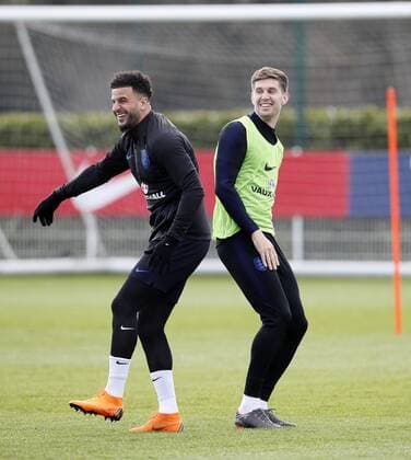 England s Kyle Walker with John Stones during training at the Tottenham Hotspur Training Centre, London. Picture date: March 26th 2018. Picture credit should read: David Klein Sportimage EDITORIAL USE ONLY. No use with unauthorised audio, video, data, fixture lists, club league logos or live services. Online in-match use limited to 120 images, no video emulation. No use in betting, games or single club league player publications.