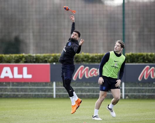 England s Kyle Walker and James Tarkowski during training at the Tottenham Hotspur Training Centre, London. Picture date: March 26th 2018. Picture credit should read: David Klein Sportimage EDITORIAL USE ONLY. No use with unauthorised audio, video, data, fixture lists, club league logos or live services. Online in-match use limited to 120 images, no video emulation. No use in betting, games or single club league player publications.