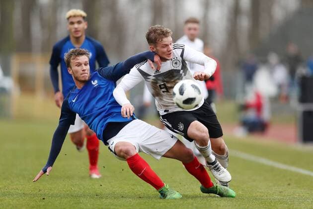 Germany France Soccer U18 Laender match Markranstädt 26 03 2018 Stadion am Bad Football U18 International match Germany GER vs France FRA in the picture v l Clement Vidal 12 FRA and Eric Hottmann 19 GER Stuttgart