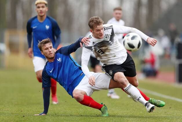 Germany France Soccer U18 Laender match Markranstädt 26 03 2018 Stadion am Bad Football U18 International match Germany GER vs France FRA in the picture v l Clement Vidal 12 FRA and Eric Hottmann 19 GER Stuttgart