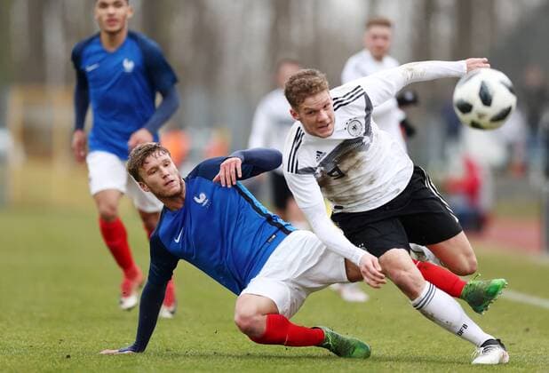 Germany France Soccer U18 Laender match Markranstädt 26 03 2018 Stadion am Bad Football U18 International match Germany GER vs France FRA in the picture v l Clement Vidal 12 FRA and Eric Hottmann 19 GER Stuttgart