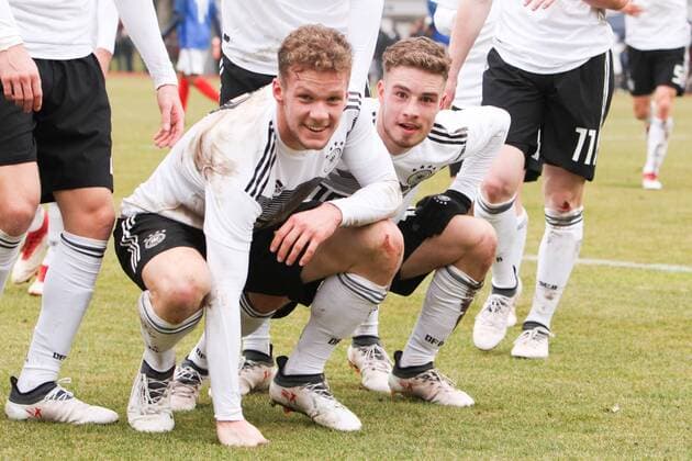 Germany France Soccer U18 Laenderspiel Markranstädt 26 03 2018 Stadion am Bad Soccer U18 International Friendlies Germany GER vs France FRA Pictured l Eric Hottmann 9 GER Stuttgart and David Lennart Phillipp 10 GER Bremen celebrate the 1 0