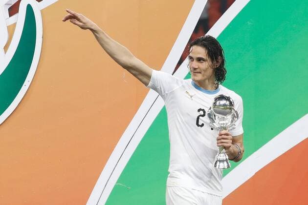 NANNING, CHINA - MARCH 26: Edinson Cavani of Uruguay celebrates during the awards ceremony after winning the 2018 China Cup International Football Championship match between Wales and Uruguay at Guangxi Sports Center on March 26, 2018 in Nanning, China.  Copyright: xVCGx CFP111148793311 
