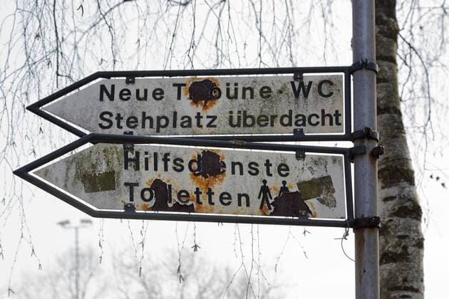 Sports Soccer Regionalliga West 2017 2018 Grotenburg Stadium in Krefeld Bockum Lower Rhine North Rhine Westphalia Home Playground of the KFC Uerdingen 05 ruined signposts and signs at the Stadium Sport Football Regionalliga West 2017 2018 Grotenburg Stadium in Krefeld Bockum Lower Rhine North Rhine Westphalia Home Playground of the KFC Uerdingen 05 baufaellig in need of renovation rusted signage and signpost at the stadium sports football Regional League West 2017 2018 Grotenburg Stadium in Krefeld Bockum Lower Rhine North Rhine Westphalia home KFC Uerdingen 05 Ramshackle dilapidated in need of renovation