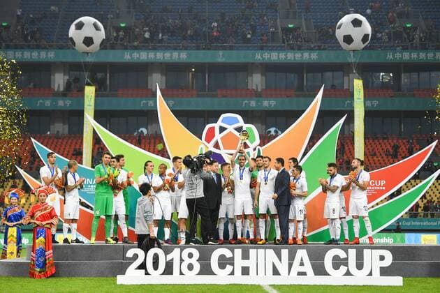 Players of Uruguay national football team take part in the champion award ceremony for the 2018 Gree China Cup International Football Championship in Nanning city, south China s Guangxi Zhuang Autonomous Region, 26 March 2018. Uruguay won the final by 1-0 against Wales and claimed the title of the event. Uruguay claims title of 2018 China Cup Int l Football Championship in Nanning  20180326_72373
