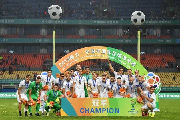 Players of Uruguay national football team take part in the champion award ceremony for the 2018 Gree China Cup International Football Championship in Nanning city, south China s Guangxi Zhuang Autonomous Region, 26 March 2018. Uruguay won the final by 1-0 against Wales and claimed the title of the event. Uruguay claims title of 2018 China Cup Int l Football Championship in Nanning  20180326_09949