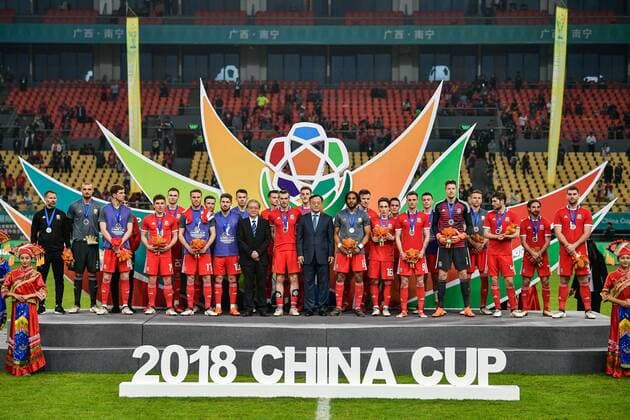 First runner-up Wales national football team take part in the award ceremony after being defeated by Uruguay national football team in their final match during the 2018 Gree China Cup International Football Championship in Nanning city, south China s Guangxi Zhuang Autonomous Region, 26 March 2018. Uruguay won the final by 1-0 against Wales and claimed the title of the event. Uruguay claims title of 2018 China Cup Int l Football Championship in Nanning  20180326_53354