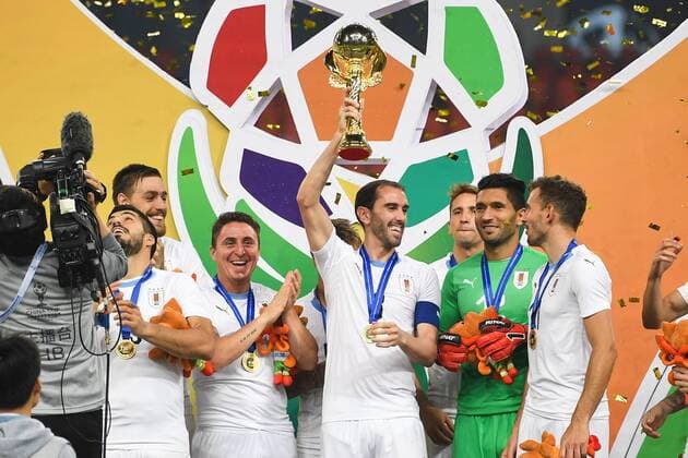 Players of Uruguay national football team take part in the champion award ceremony for the 2018 Gree China Cup International Football Championship in Nanning city, south China s Guangxi Zhuang Autonomous Region, 26 March 2018. Uruguay won the final by 1-0 against Wales and claimed the title of the event. Uruguay claims title of 2018 China Cup Int l Football Championship in Nanning  20180326_53437