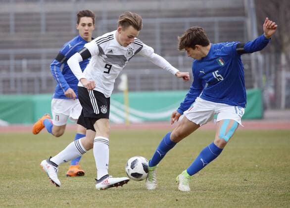 Ulm Football U 16 Internationals Germany vs Italy from left Mika Schroers GER Riccardo Calafiori ITA