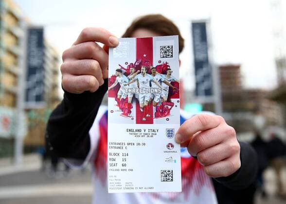 27th March 2018, Wembley Stadium, London, England; International Football Friendly, England versus Italy; England fan shows his England versus Italy match ticket outside Wembley Stadium before kick off  ActionPlus12005987