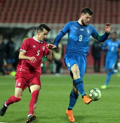 27.03.2018 Novi Sad Serbia-Italy Under 21 U21 U 21 International Friendly Länderspiel match men s football Erhan Masovic(L) Serbia, Alberto Cerri (R) Italy : 