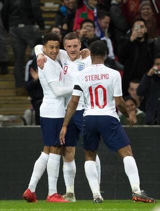 Jamie Vardy (Leicester City) of England celebrates with team-mates with Jesse Lingard Manchester United ManU and Raheem Sterling (Manchester City) of England.during the International Friendly L?nderspiel match between England and Italy at Wembley Stadium, London, England on 27 March 2018. Copyright: xAndyxRowlandx PMI-1927-0002