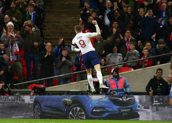 27th March 2018, Wembley Stadium, London, England; International Football Friendly, England versus Italy; Jamie Vardy of England celebrates scoring his sides 1st goal in the 26th minute to make it 1-0  ActionPlus12006072