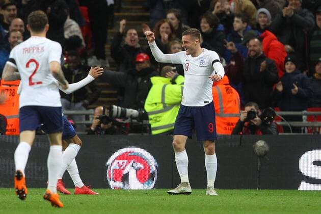 England v Italy International Friendly L?nderspiel Jamie Vardy of England celebrates scoring his sides 1st goal during the International Friendly match at Wembley Stadium, London Content Not Available For UK Newspapers Copyright: xPaulxChestertonx FIL-11556-0008