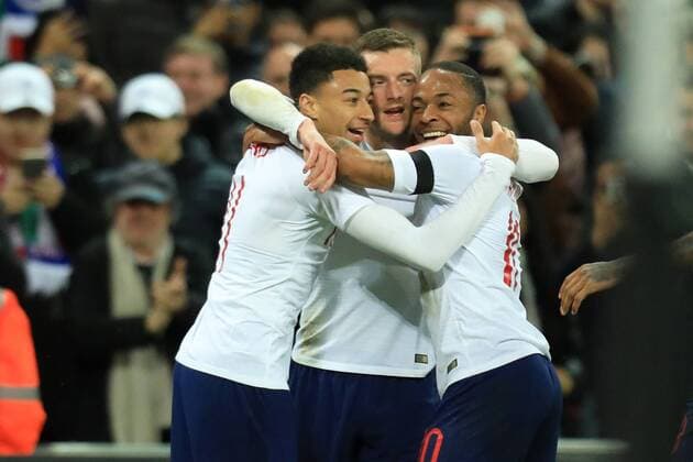 27th March 2018, Wembley Stadium, London, England; International Football Friendly, England versus Italy; Jamie Vardy of England celebrates with Raheem Sterling and Jesse Lingard as he scores making it 1-0  ActionPlus12006075