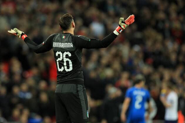 27th March 2018, Wembley Stadium, London, England; International Football Friendly, England versus Italy; Gianluigi Donnarumma of Italy asks questions of the referee as Jamie Vardy of England scores making it 1-0 in the 26th minute  ActionPlus12006079