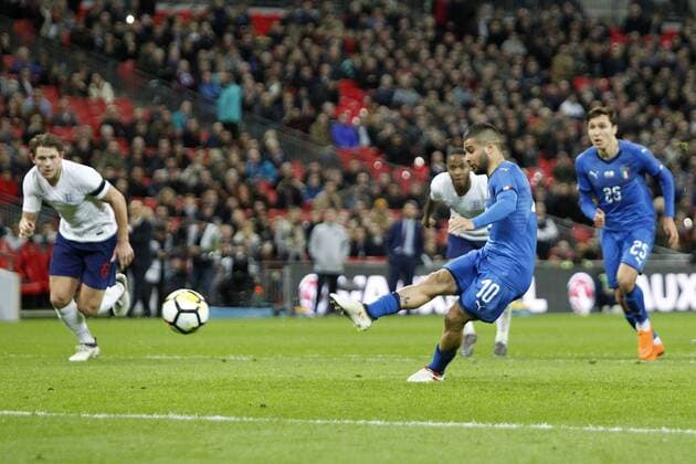 GOAL - Lorenzo Insigne of Italy scores the penalty awarded via VAR during the International Friendly Länderspiel match between England and Italy at Wembley Stadium, London, England on 27 March 2018. Copyright: xCarltonxMyriex 19390018